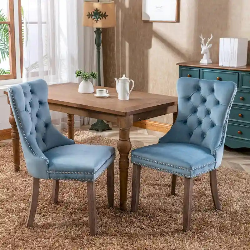 Lot de 2 chaises de salle à manger tapissées en lin ou velours avec bordure cloutée et pieds en bois