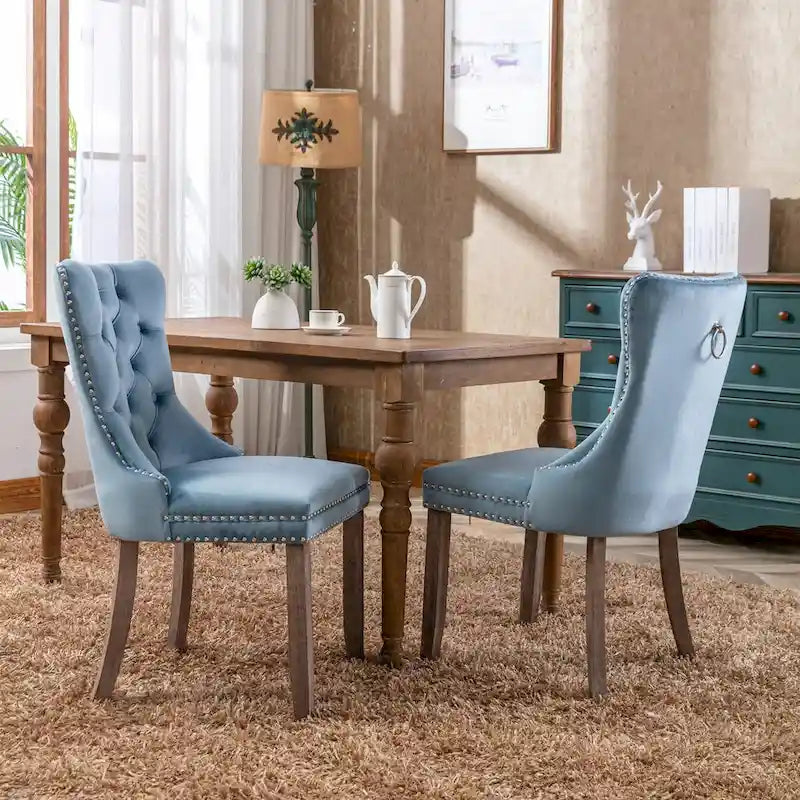 Lot de 2 chaises de salle à manger tapissées en lin ou velours avec bordure cloutée et pieds en bois