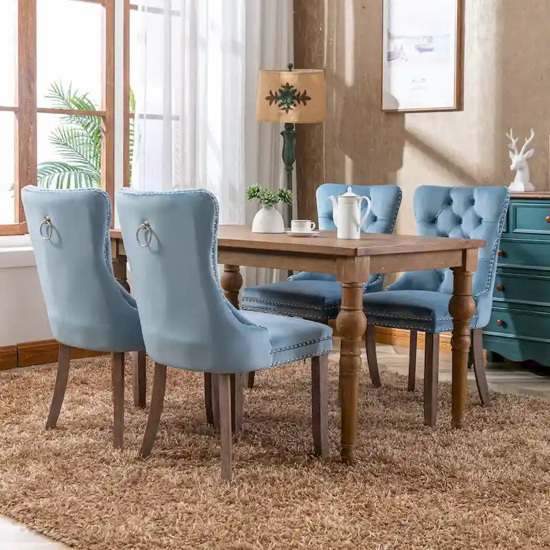 Lot de 2 chaises de salle à manger tapissées en lin ou velours avec bordure cloutée et pieds en bois