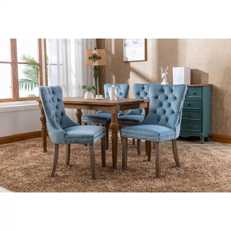 Lot de 2 chaises de salle à manger tapissées en lin ou velours avec bordure cloutée et pieds en bois
