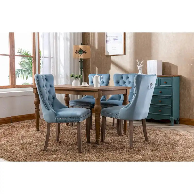 Lot de 2 chaises de salle à manger tapissées en lin ou velours avec bordure cloutée et pieds en bois