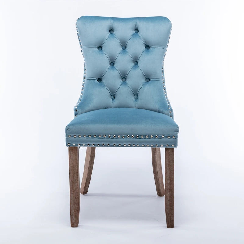 Lot de 2 chaises de salle à manger tapissées en lin ou velours avec bordure cloutée et pieds en bois