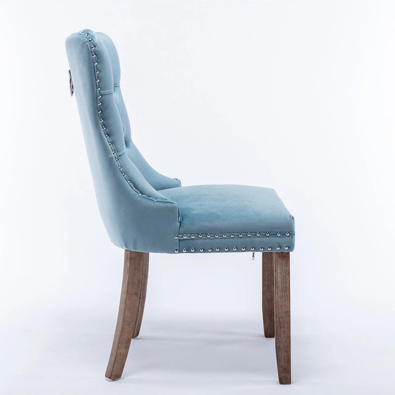 Lot de 2 chaises de salle à manger tapissées en lin ou velours avec bordure cloutée et pieds en bois