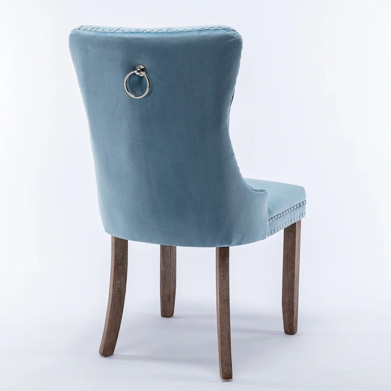 Lot de 2 chaises de salle à manger tapissées en lin ou velours avec bordure cloutée et pieds en bois