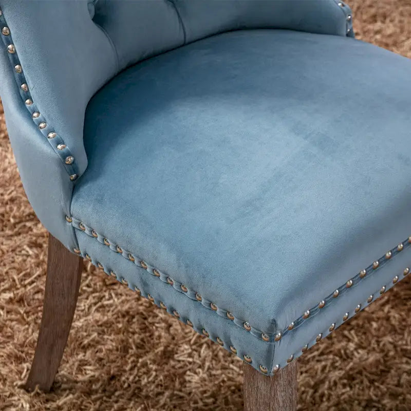 Lot de 2 chaises de salle à manger tapissées en lin ou velours avec bordure cloutée et pieds en bois