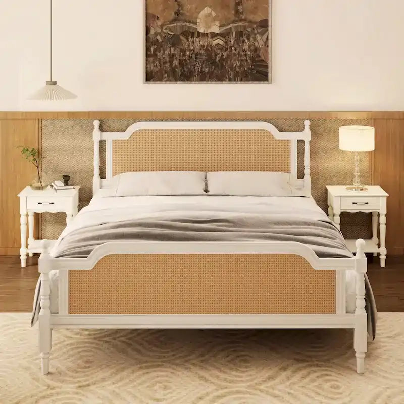 Cadre de lit plateforme en rotin de style traditionnel – aucun sommier tapissier requis