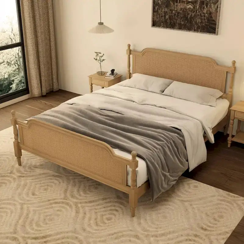 Traditional Style Rattan Platform Bed Frame No Box Spring Needed