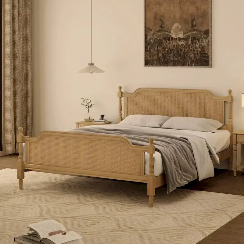 Cadre de lit plateforme en rotin de style traditionnel – aucun sommier tapissier requis