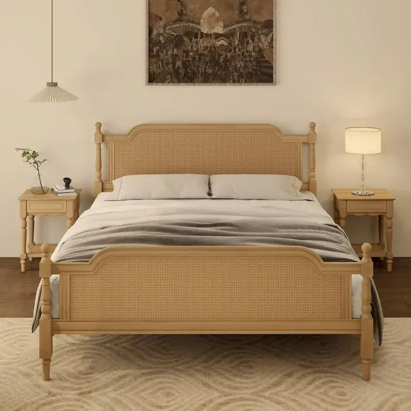 Cadre de lit plateforme en rotin de style traditionnel – aucun sommier tapissier requis