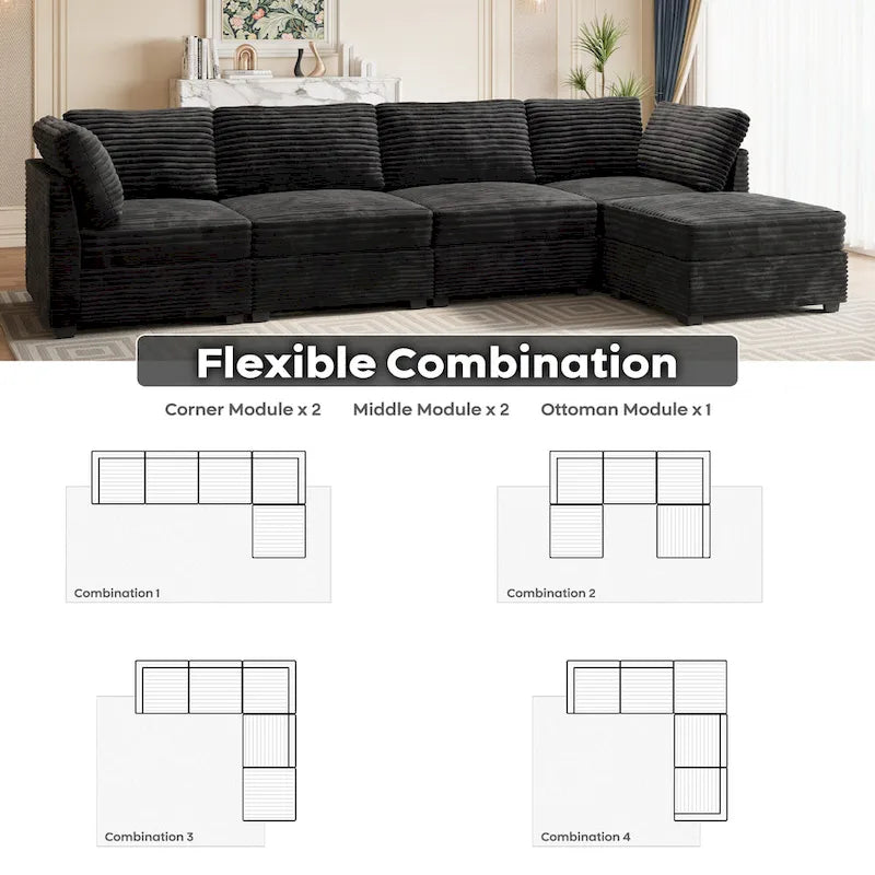 Long canapé d'intérieur en peluche avec assise profonde et pouf