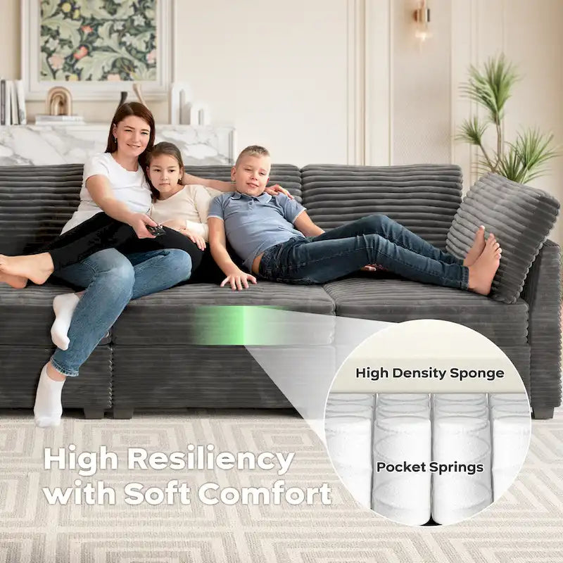 Long canapé d'intérieur en peluche avec assise profonde et pouf
