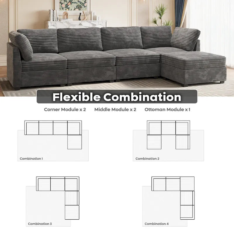 Long canapé d'intérieur en peluche avec assise profonde et pouf