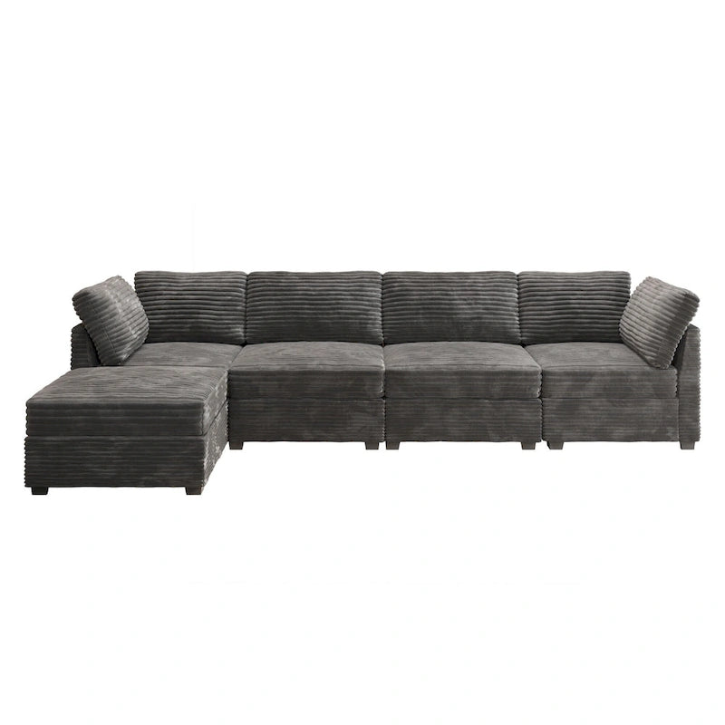 Long canapé d'intérieur en peluche avec assise profonde et pouf