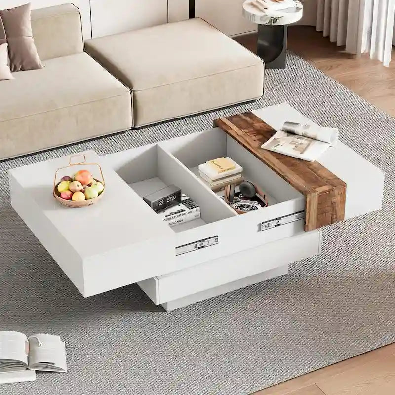 Table basse carrée de 31,4 po avec plateau coulissant et rangement dissimulé