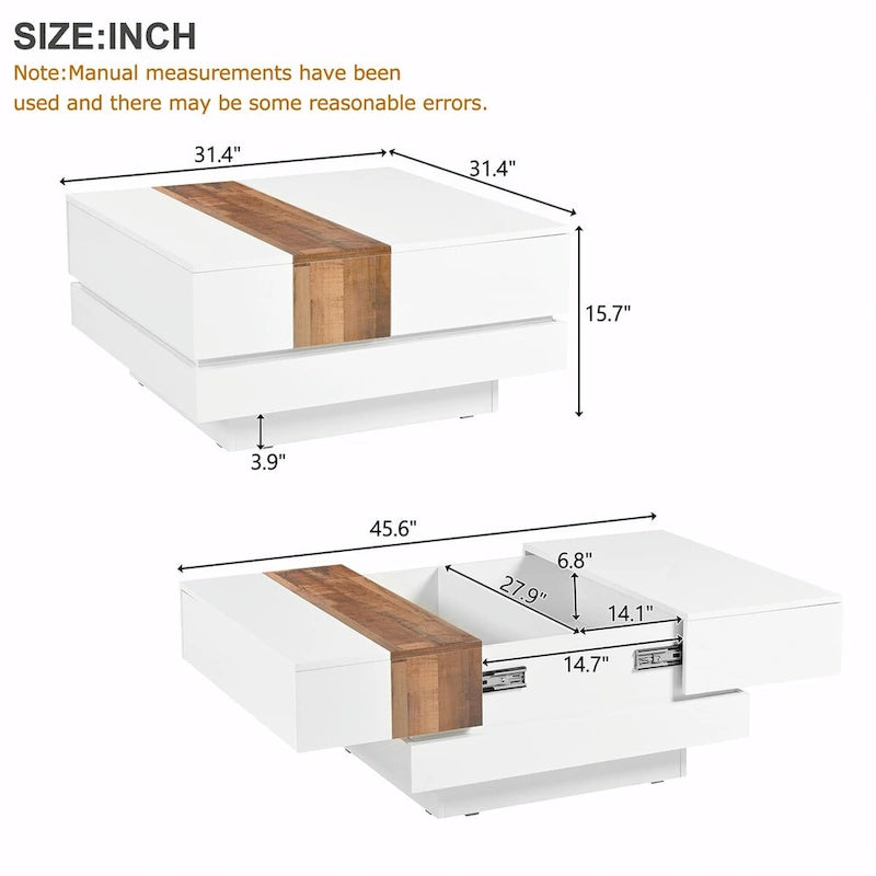 Table basse carrée de 31,4 po avec plateau coulissant et rangement dissimulé