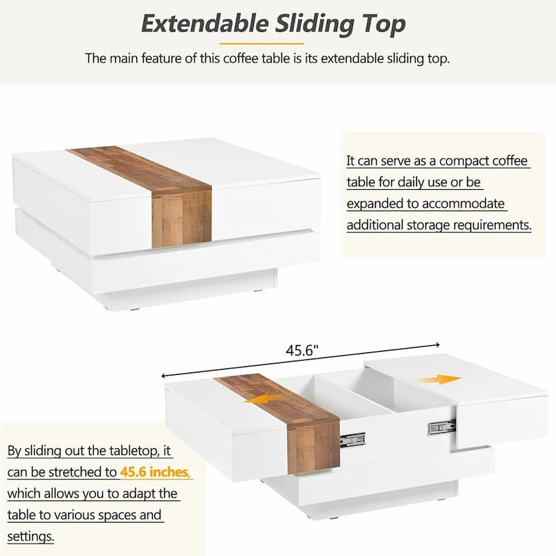 Table basse carrée de 31,4 po avec plateau coulissant et rangement dissimulé