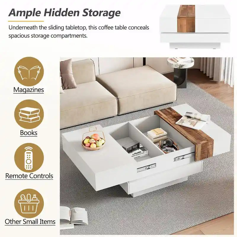 Table basse carrée de 31,4 po avec plateau coulissant et rangement dissimulé