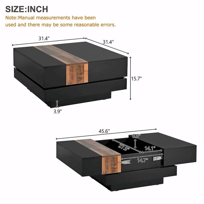 Table basse carrée de 31,4 po avec plateau coulissant et rangement dissimulé