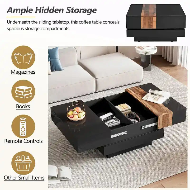 Table basse carrée de 31,4 po avec plateau coulissant et rangement dissimulé