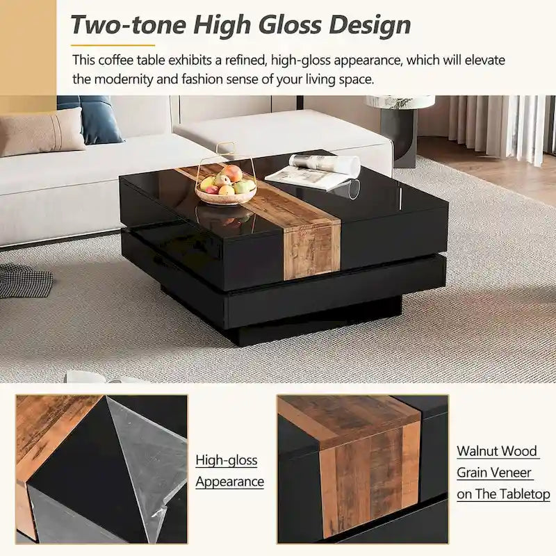 Table basse carrée de 31,4 po avec plateau coulissant et rangement dissimulé